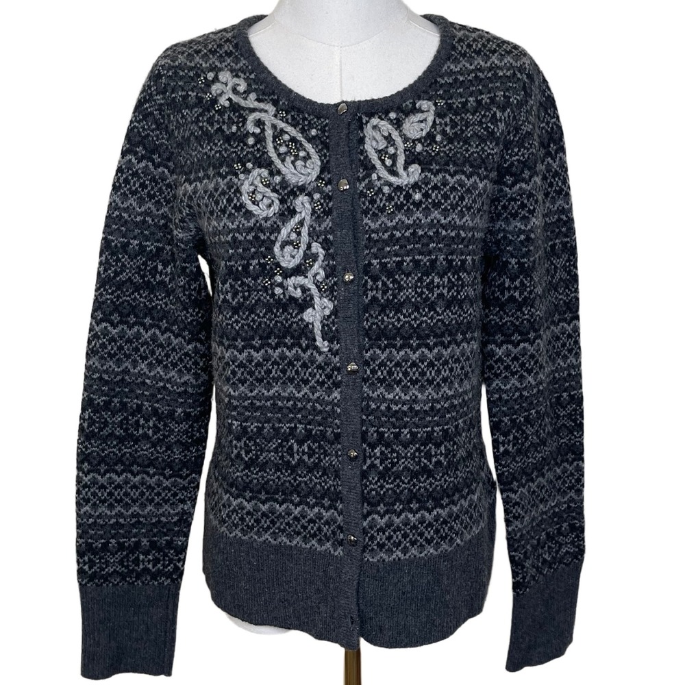 Eddie Bauer Fair Isle Cardigan Sweater Women M Gray Lambswool Floral Embroidered